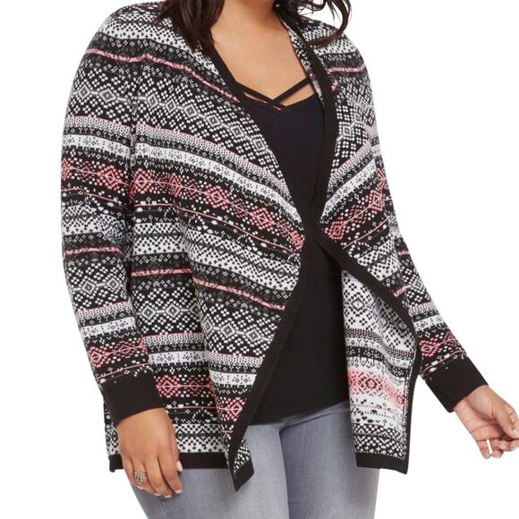 Torrid Fair Isle Open Front Knit Draped Cardigan Black White Pink Sz 3X - Picture 1 of 10